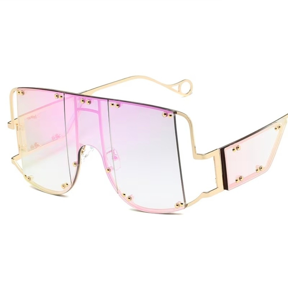 Shield Sunglasses Womens OS Pink Green New Oversized Rimless Flat Top Gold Frame